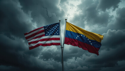 Political tensions unfolding u.S. And venezuela flags against a stormy sky digital art dramatic mood high angle