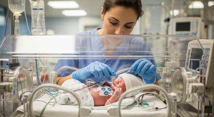Nurse caring for premature newborn in neonatal intensive care unit with IV therapy, monitoring equipment and medical support in hospital incubator