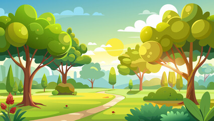 Naklejka premium Vector art of cartoon landscape with green trees, grass, blue sky and sun illustration
