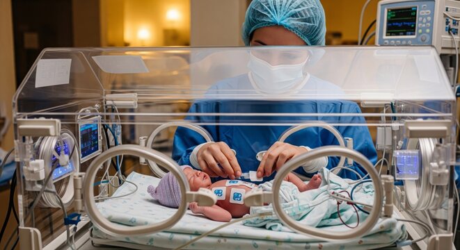 Nurse monitoring premature newborn in incubator with vital signs sensors in neonatal intensive care unit for healthcare and emergency medical treatment