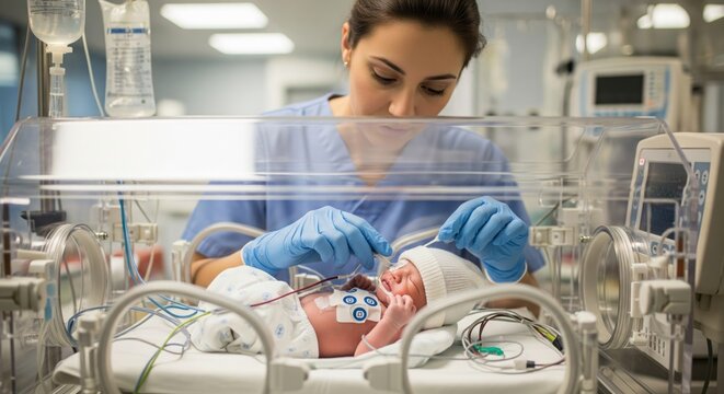Nurse caring for premature newborn in neonatal intensive care unit with IV therapy, monitoring equipment and medical support in hospital incubator
