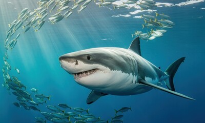 Fototapeta premium Great white shark surrounded by a school of fish, sunbeams underwater