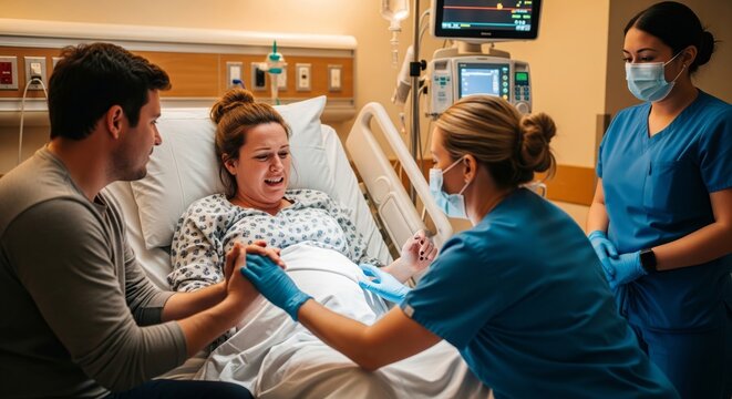 Pregnant woman in labor supported by partner and medical staff during childbirth in hospital delivery room with monitoring equipment