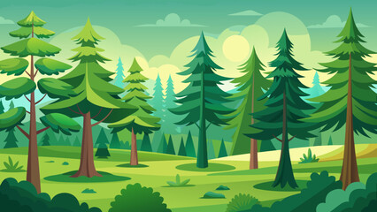 Obraz premium Vector art of lush green forest landscape with tall trees and a peaceful, natural setting