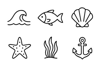 Fototapeta premium Simple ocean icons: wave, fish, shell, star, seaweed, anchor