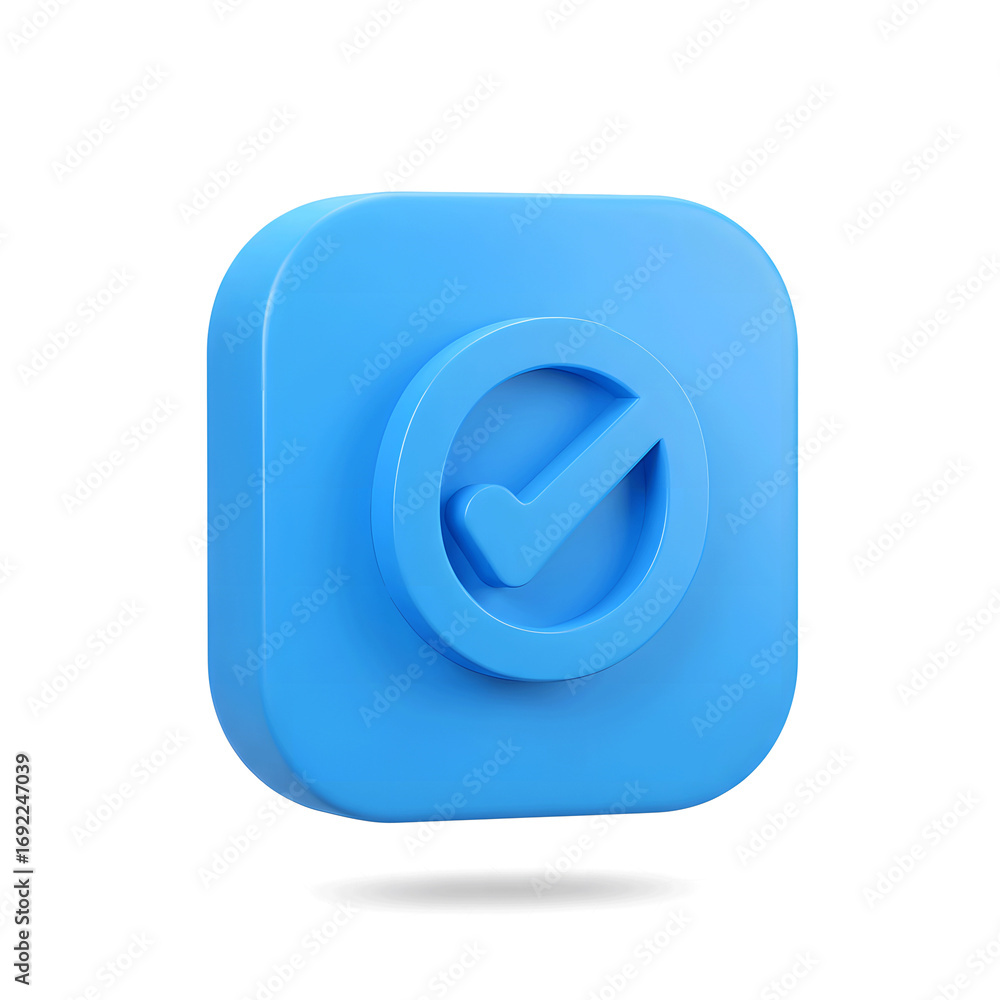 Poster a 3d rendered blue square icon with rounded corners featuring a stylized checkmark inside a circle s