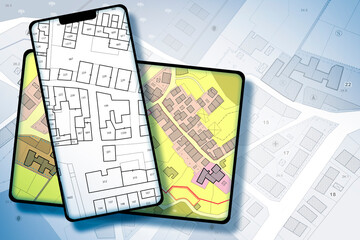IMAGINARY CADASTRAL MAP AND GENERAL URBAN PLANNING DOCUMENTATION ON DIGITAL DEVICE - Zoning regulations, buildable areas with zoning districts, urban destinations, land use, and land plots