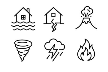 Natural disaster icons set: flood, earthquake, volcano, tornado, thunderstorm, fire