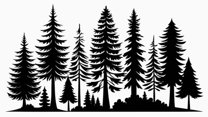 Obraz premium A striking black silhouette of a dense forest with various evergreen trees against a white background
