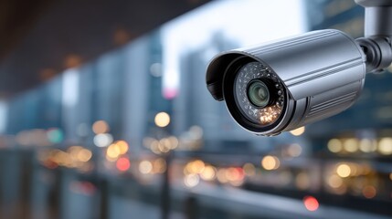 Security Camera Overlooking Cityscape at Night, Surveillance and Protection