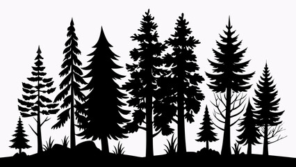 Obraz premium A collection of diverse evergreen trees silhouetted against a white background with a grassy foreground