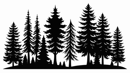 A diverse silhouette of evergreen trees creating a dense forest landscape against a white background