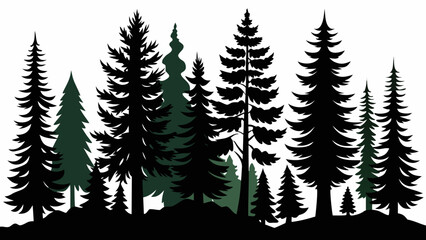 Obraz premium Silhouettes of diverse evergreen trees in a forest landscape against a white background