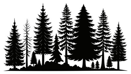 Obraz premium Silhouette of a dense evergreen forest with varied pine trees against a white background