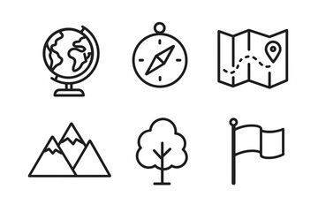 Travel icons set: globe, compass, map, mountains, tree, flag