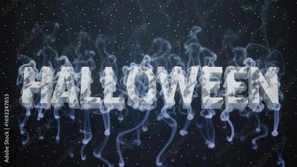 Poster mysterious text 'halloween' formed from swirling fog against a dark starry background, creating an e
