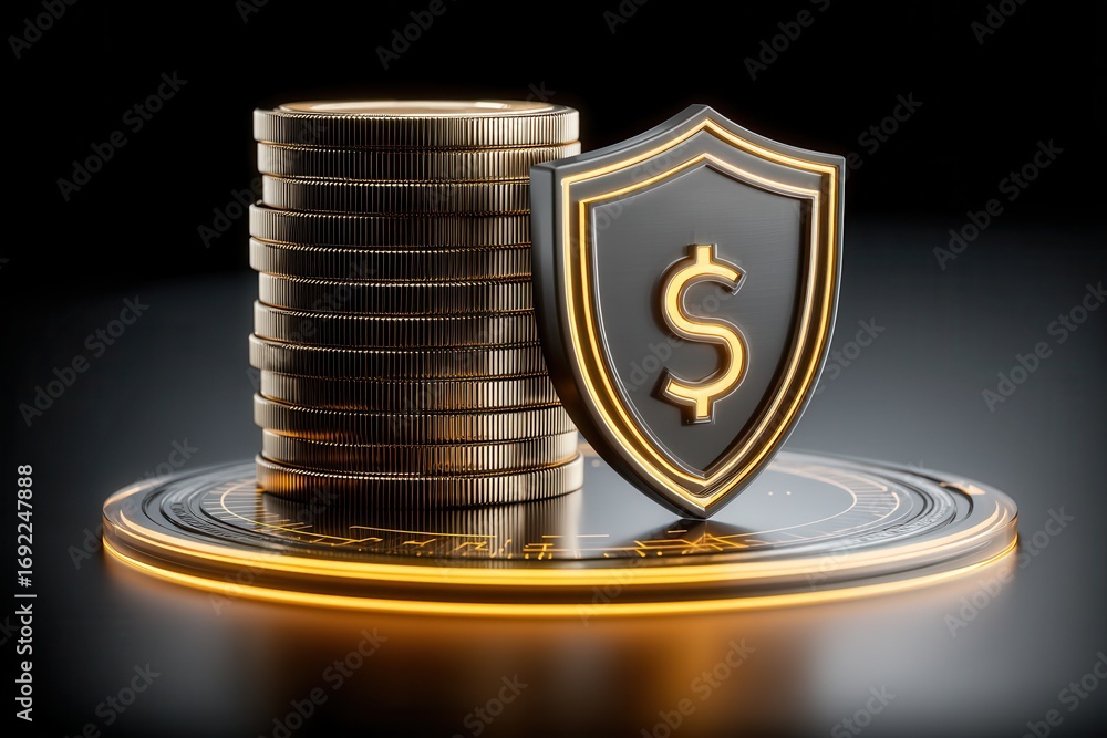 Poster a stylized representation of stacked coins beside a shield symbolizing financial security and invest
