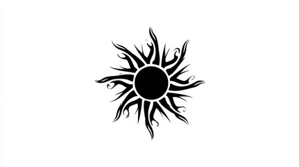 Abstract black sun symbol with intricate swirling designs in a minimalist style on a white background