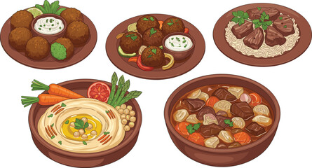 Traditional Middle Eastern Food Dishes with Falafel, Hummus, Meat Stew and Rice – Cultural Cuisine Top View Vector Illustration