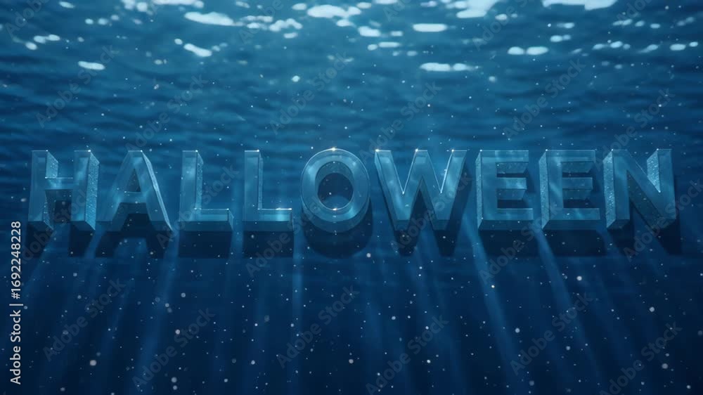 Poster underwater scene featuring transparent text reading 'halloween' illuminated by sunlight rays with fl