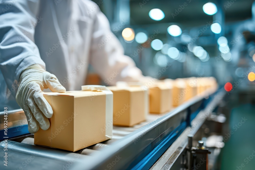 Poster gloved hands handling a beige box on a conveyor belt in a modern factory setting