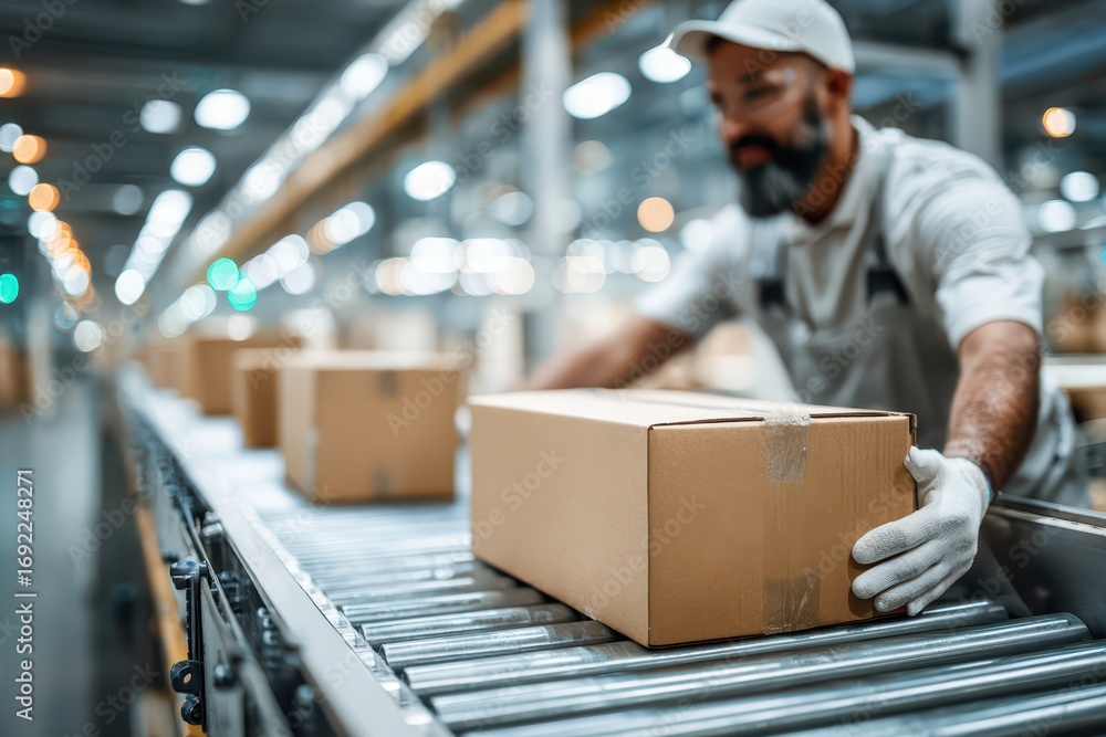 Poster warehouse worker carefully handling packages on an automated conveyor belt system