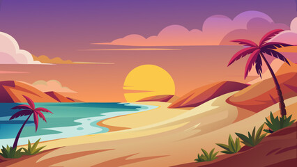 Obraz premium Vibrant tropical beach sunset with palm trees ocean waves and colorful sky