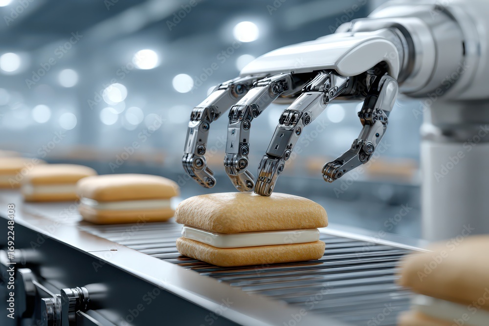 Poster robotic arm precisely handling a snack on an automated food production line.