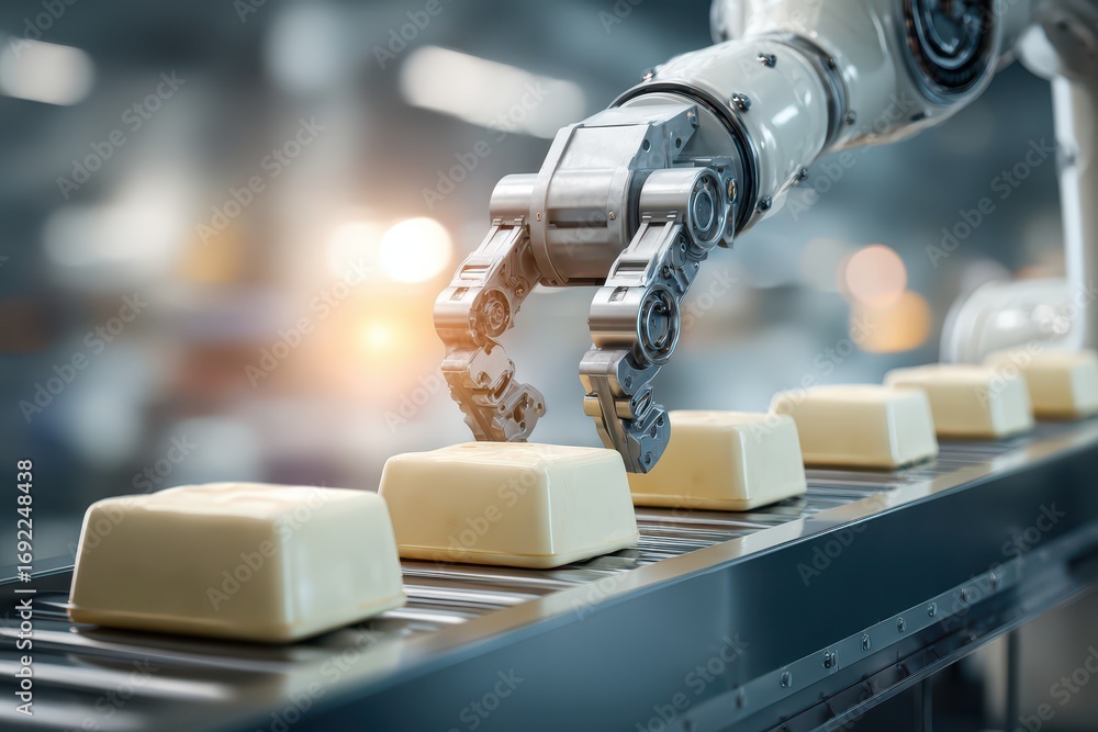 Aufkleber robotic arm precisely handling products on a conveyor belt in a modern factory setting.