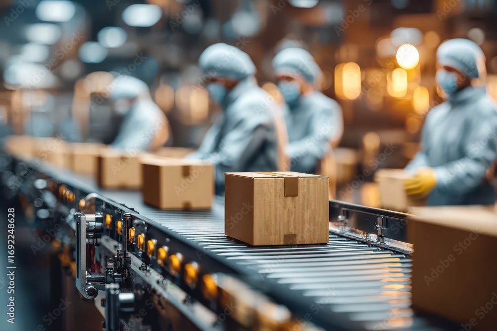 Poster automated conveyor belt carrying cardboard boxes in a modern factory setting.
