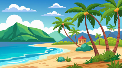 Fototapeta premium Vibrant cartoon tropical island beach scene with palm trees green mountains and blue ocean waves