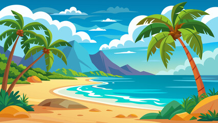 Fototapeta premium Vibrant tropical beach with palm trees mountains and turquoise ocean waves under a blue sky