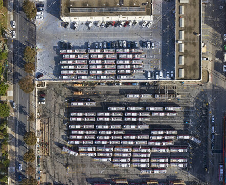 Aerial view of rows of buses parked in an orderly grid pattern, contrasting starkly with the surrounding greenery, San Francisco, California, United States.