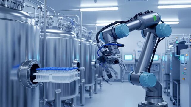 Automated robotic arm transferring culture samples from monoclonal antibody bioreactor tanks within aseptic processing environment.