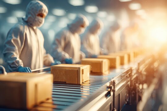 Industrial cleanroom workers managing production line with bright light flare - Powered by Adobe