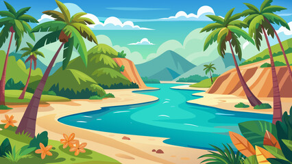 Vibrant tropical paradise landscape with a winding river sandy beach palm trees and lush green hills under a blue sky