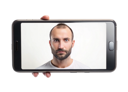 Transparent blank mobile screen with head camera isolated on white background