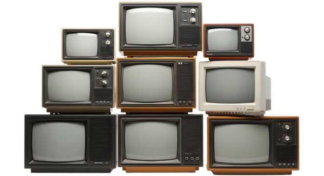 Collection of Vintage Retro CRT Televisions and Monitors, Retro Technology Stack. retro tv monitor frame, analog screen, old school design. Clipping path.