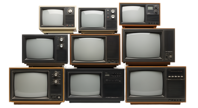 Collection of Vintage Retro CRT Televisions and Monitors, Retro Technology Stack. retro tv monitor frame, analog screen, old school design. Clipping path.