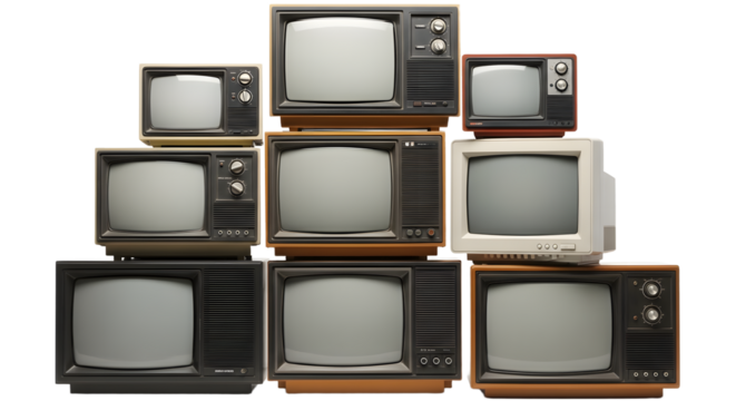 Collection of Vintage Retro CRT Televisions and Monitors, Retro Technology Stack. retro tv monitor frame, analog screen, old school design. Clipping path.