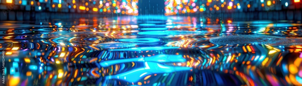Poster a vibrant abstract scene showcasing colorful reflections in water, creating a mesmerizing display of