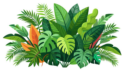 Vibrant illustration of a lush tropical jungle foliage arrangement with diverse green leaves and orange accents