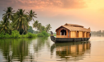Obraz premium Houseboat on tranquil river at sunset. Lush tropical vegetation surrounds the water