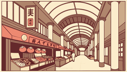Indoor Market Illustration Asian Style Arcade Food Stalls Person Walking Vintage Design Architectural Details.