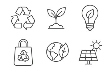 Eco-friendly icons set: recycling, plant, lightbulb, bag, earth, solar panel