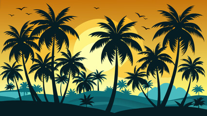 Vibrant tropical sunset silhouette with palm trees and birds flying across a warm orange sky