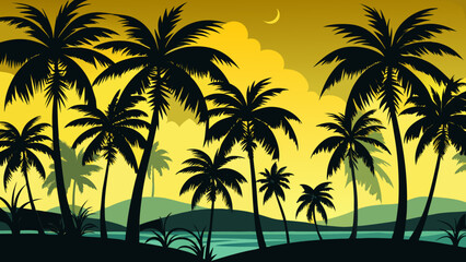 Obraz premium Silhouetted palm trees against a vibrant yellow sunset sky with clouds and a crescent moon