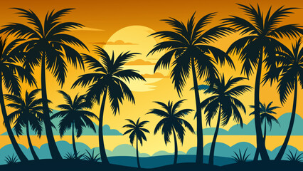 Fototapeta premium Silhouette of lush palm trees against a vibrant orange sunset sky with a glowing sun