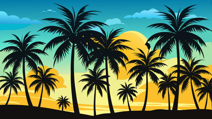 Silhouetted palm trees against a vibrant sunset sky with fluffy clouds and warm orange hues