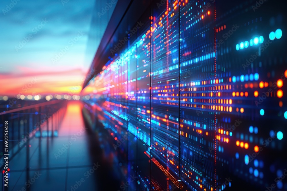 Aufkleber a vibrant digital display with glowing data streams against a sunset backdrop, reflecting technology